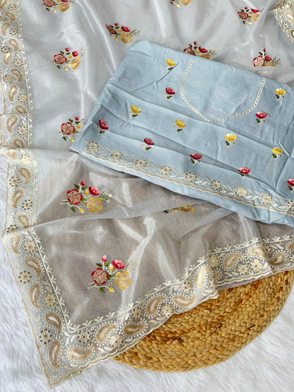 Beautiful Designer Soft Silver Tissue Silk Saree