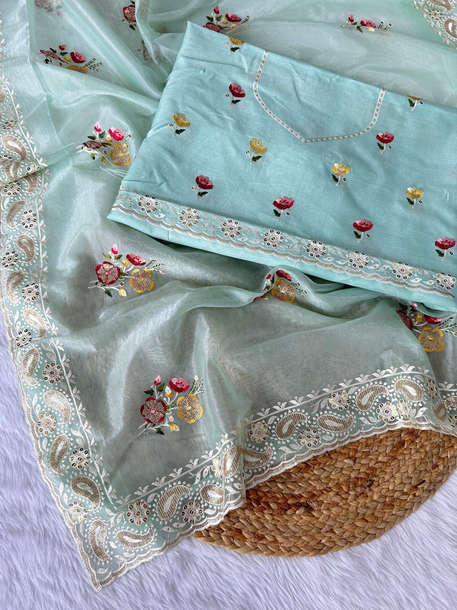 Beautiful Designer Soft Silver Tissue Silk Saree