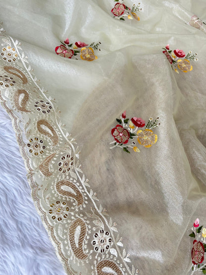 Beautiful Designer Soft Silver Tissue Silk Saree