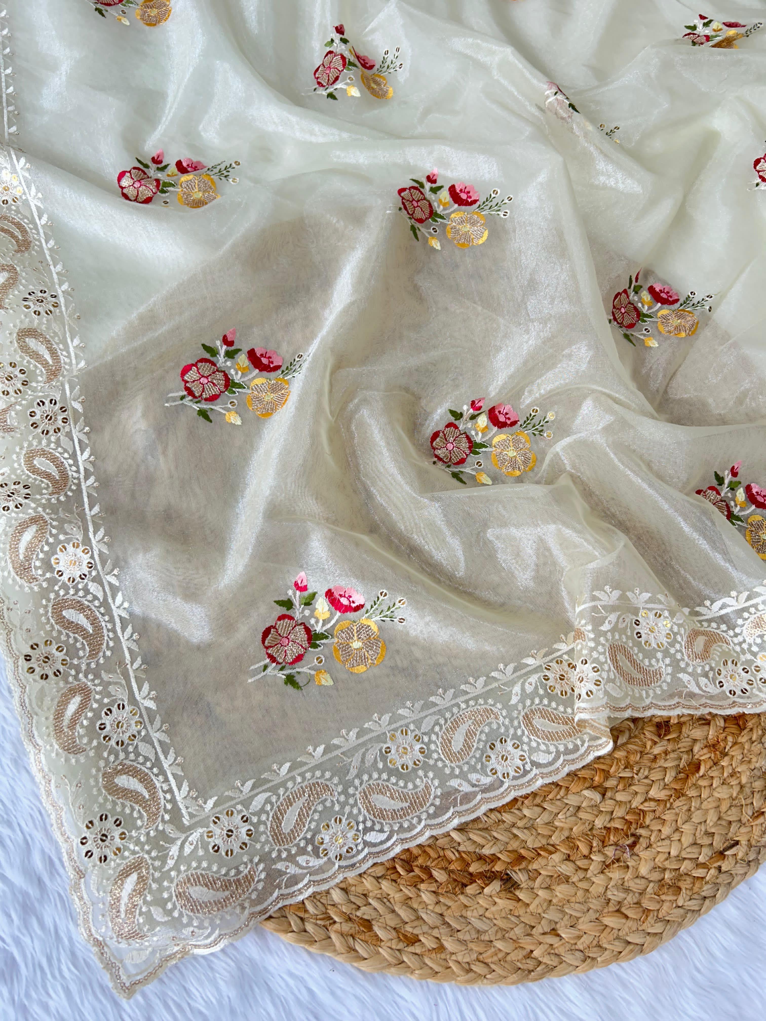 Beautiful Designer Soft Silver Tissue Silk Saree