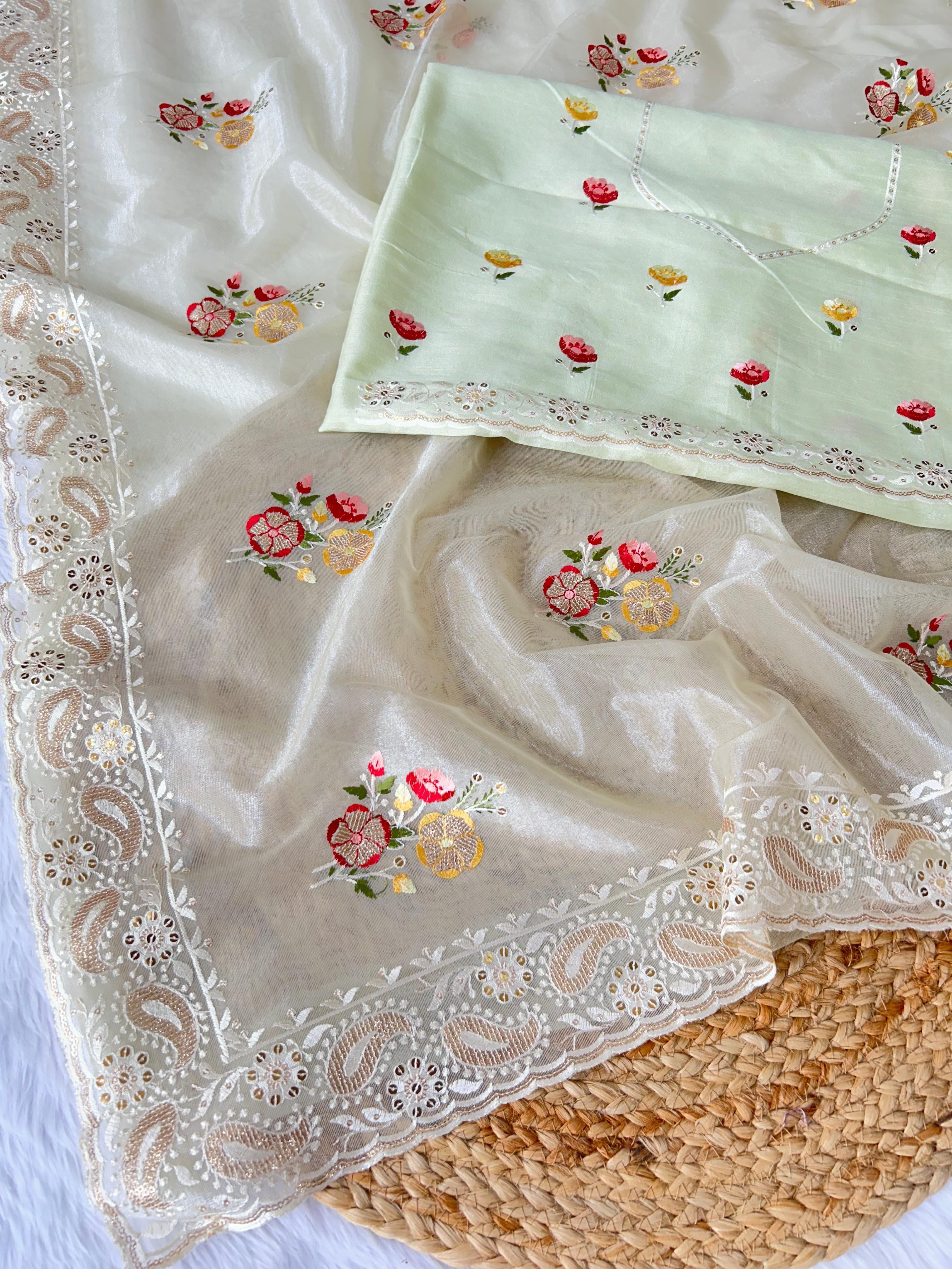 Beautiful Designer Soft Silver Tissue Silk Saree