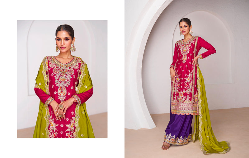 Red Chinnon Silk Anarkali Suit with Purple Palazzo and Green Dupatta for Festivals