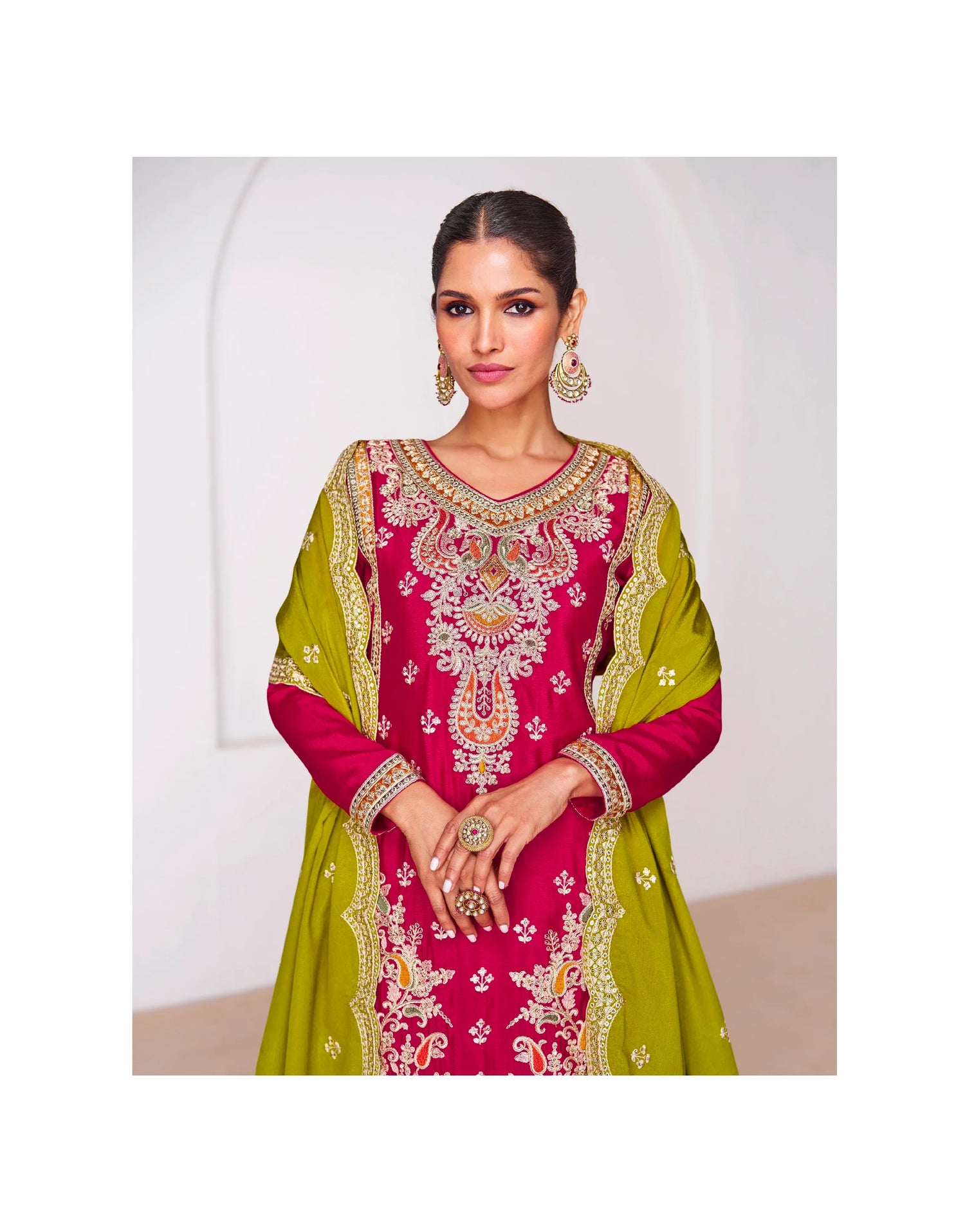 Red Chinnon Silk Anarkali Suit with Purple Palazzo and Green Dupatta for Festivals
