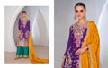 Purple Chinnon Silk Anarkali Suit with Green Palazzo and Yellow Dupatta for Festivals