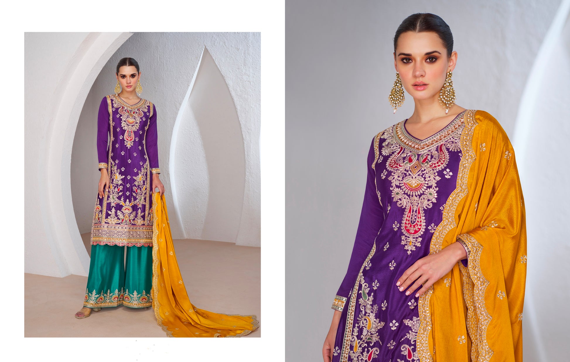 Purple Chinnon Silk Anarkali Suit with Green Palazzo and Yellow Dupatta for Festivals