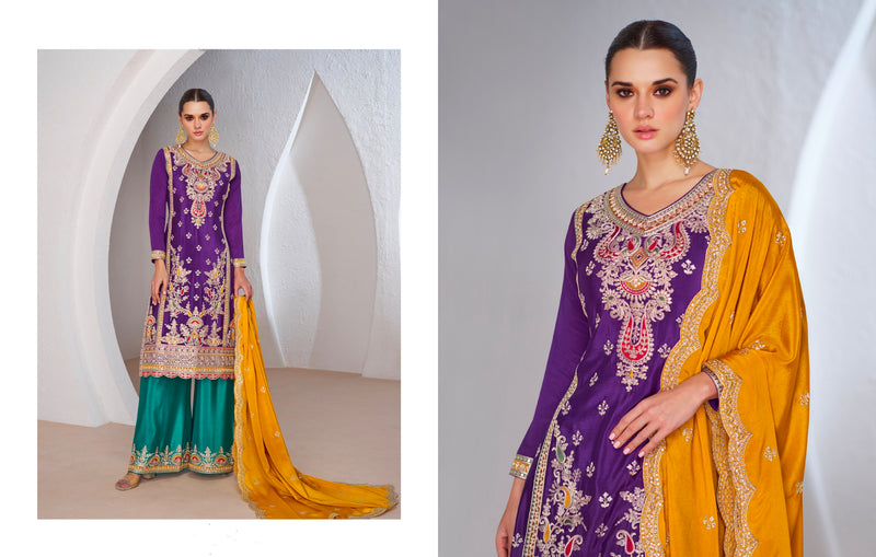 Purple Chinnon Silk Anarkali Suit with Green Palazzo and Yellow Dupatta for Festivals