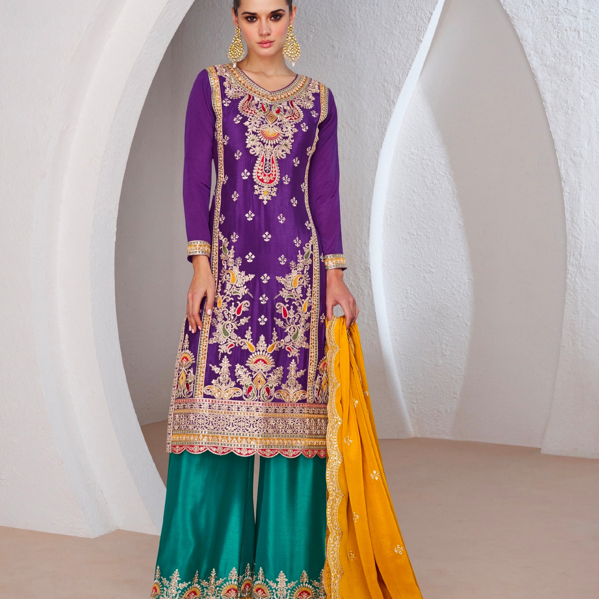 Purple Chinnon Silk Anarkali Suit with Green Palazzo and Yellow Dupatta for Festivals