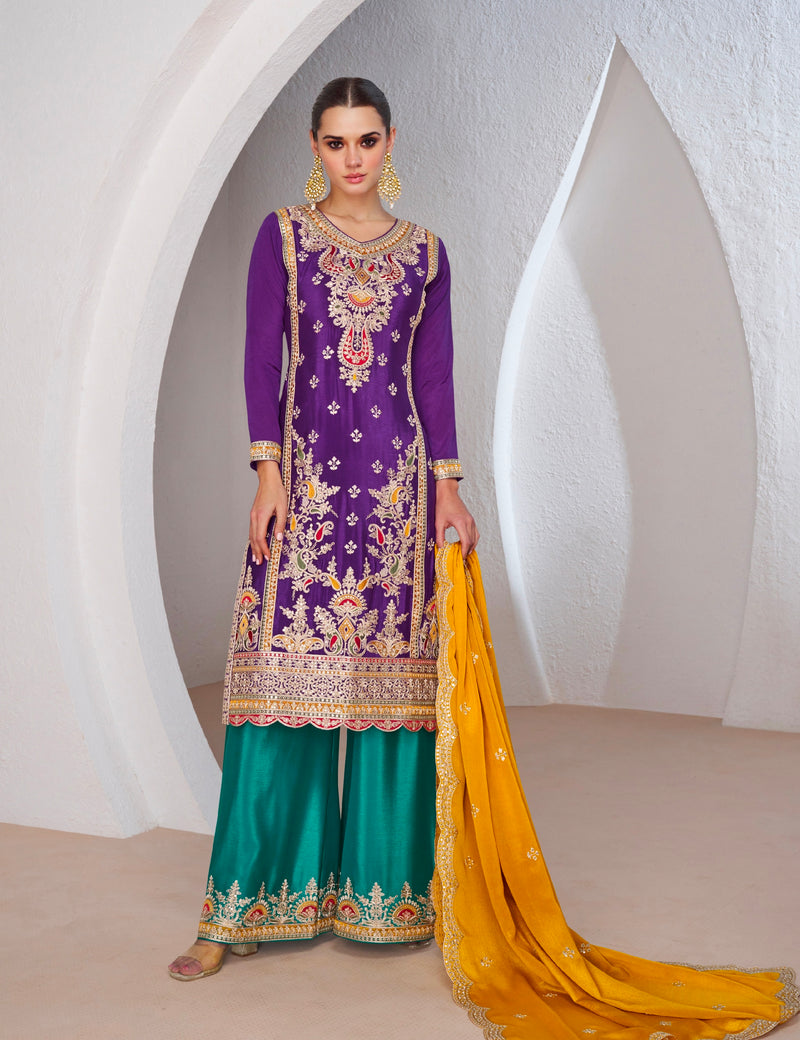 Purple Chinnon Silk Anarkali Suit with Green Palazzo and Yellow Dupatta for Festivals