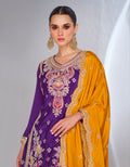 Purple Chinnon Silk Anarkali Suit with Green Palazzo and Yellow Dupatta for Festivals