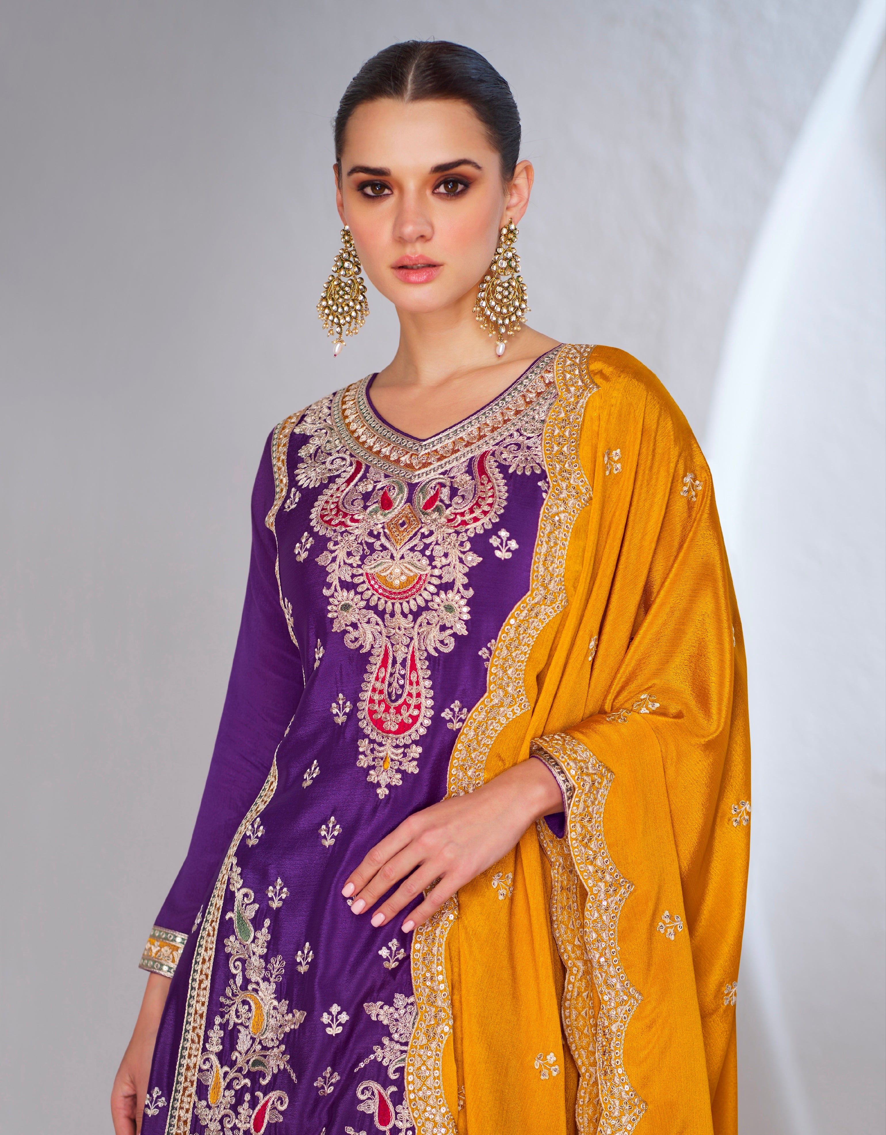 Purple Chinnon Silk Anarkali Suit with Green Palazzo and Yellow Dupatta for Festivals