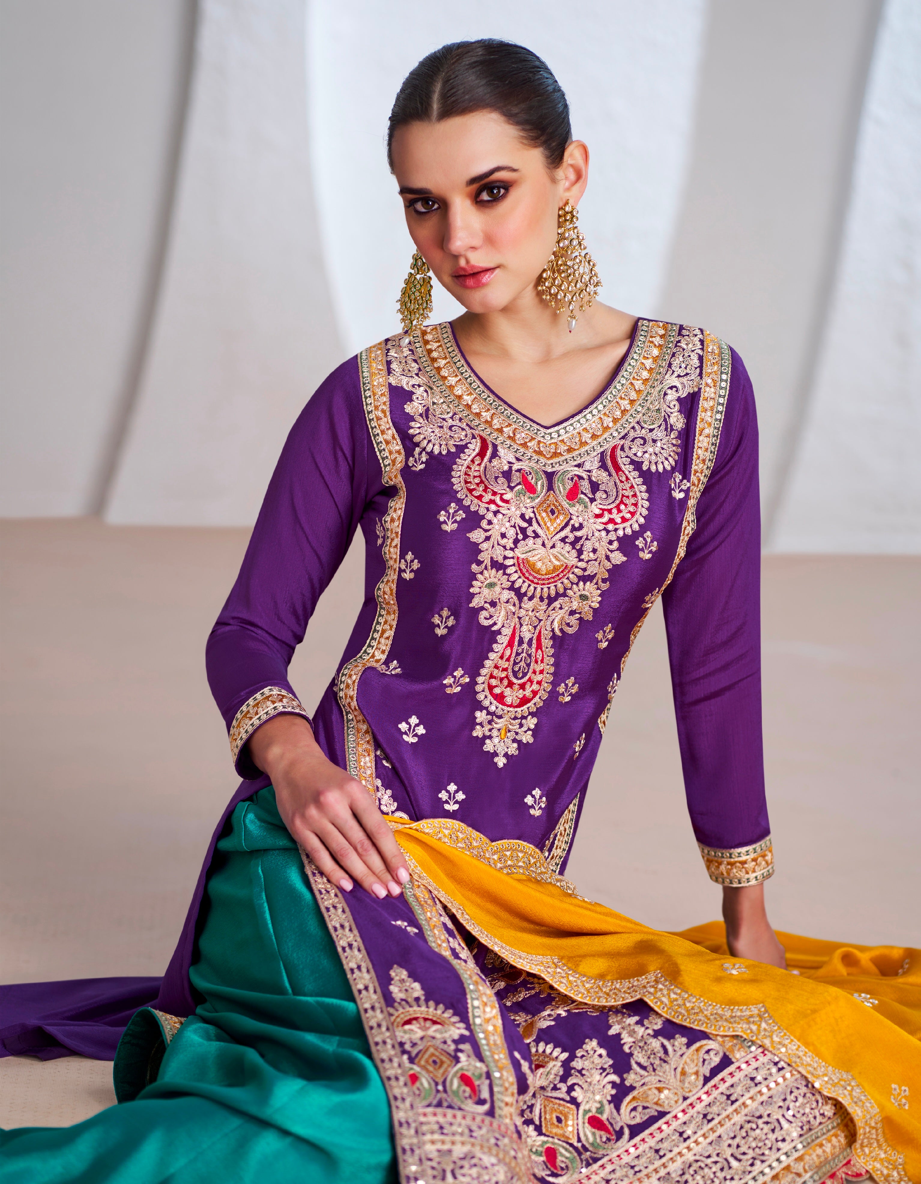 Purple Chinnon Silk Anarkali Suit with Green Palazzo and Yellow Dupatta for Festivals