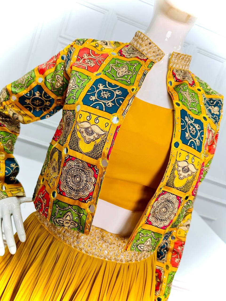 Beautiful Designer 3 Pc Indo Western Georgette Outfit Lehenga With Koti &amp; Blouse