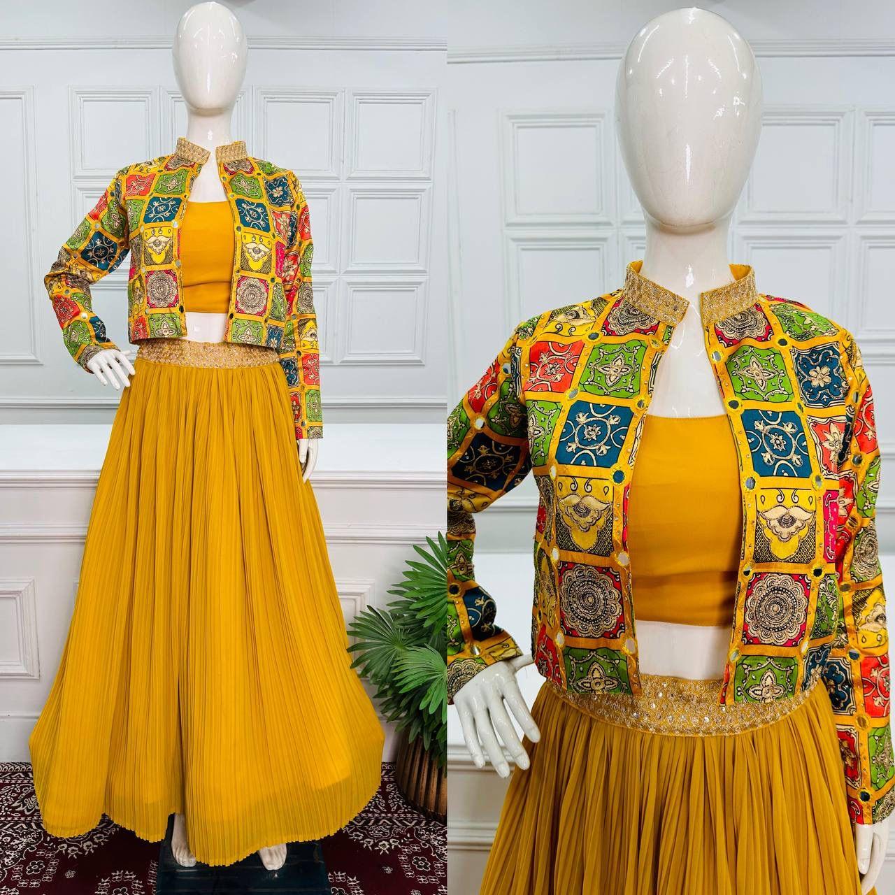 Beautiful Designer 3 Pc Indo Western Georgette Outfit Lehenga With Koti &amp; Blouse