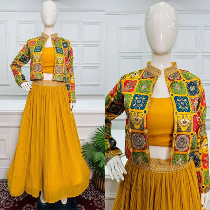 Beautiful Designer 3 Pc Indo Western Georgette Outfit Lehenga With Koti &amp; Blouse