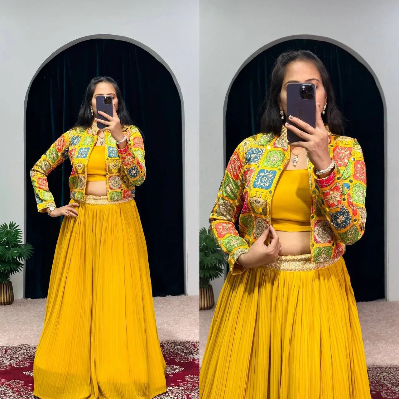 Beautiful Designer 3 Pc Indo Western Georgette Outfit Lehenga With Koti &amp; Blouse