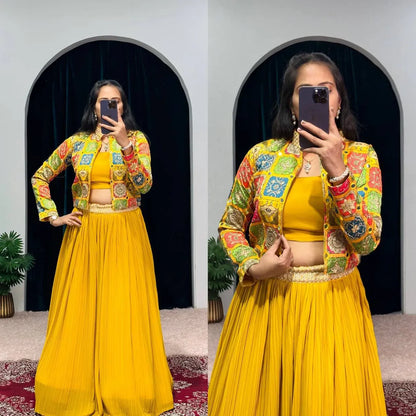 Beautiful Designer 3 Pc Indo Western Georgette Outfit Lehenga With Koti &amp; Blouse