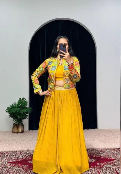 Beautiful Designer 3 Pc Indo Western Georgette Outfit Lehenga With Koti &amp; Blouse