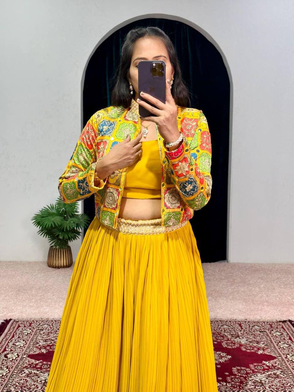 Beautiful Designer 3 Pc Indo Western Georgette Outfit Lehenga With Koti &amp; Blouse