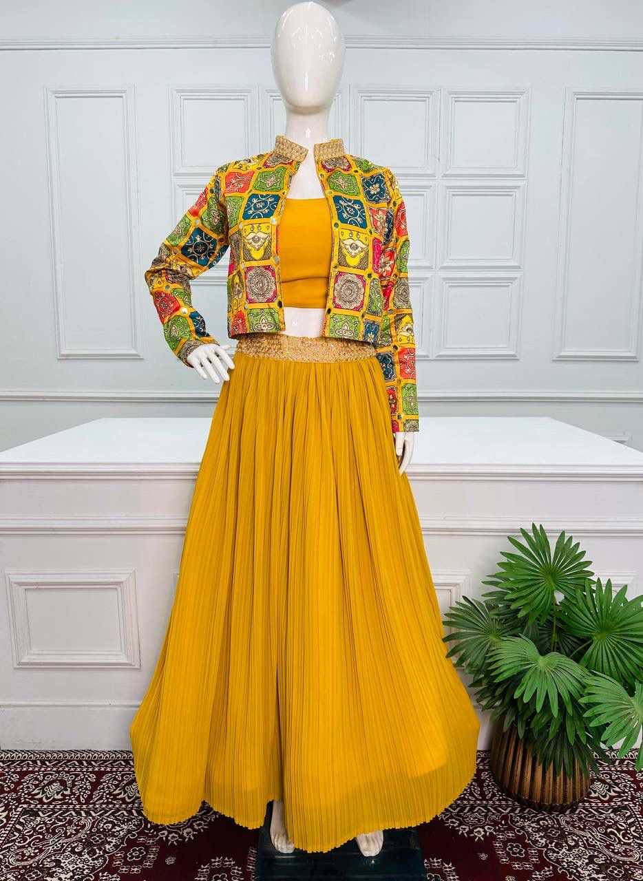 Beautiful Designer 3 Pc Indo Western Georgette Outfit Lehenga With Koti & Blouse