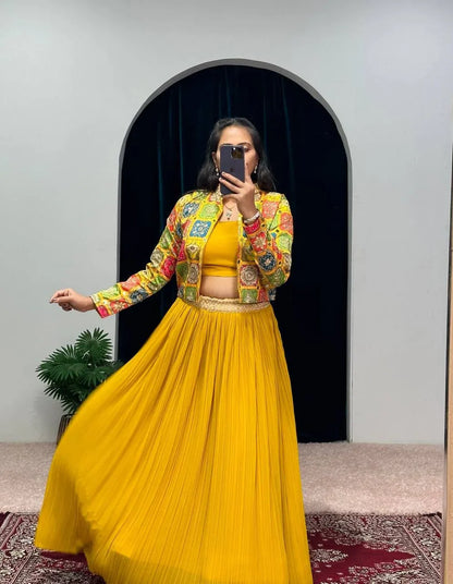Beautiful Designer 3 Pc Indo Western Georgette Outfit Lehenga With Koti &amp; Blouse