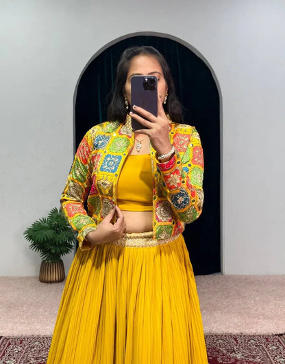 Beautiful Designer 3 Pc Indo Western Georgette Outfit Lehenga With Koti &amp; Blouse