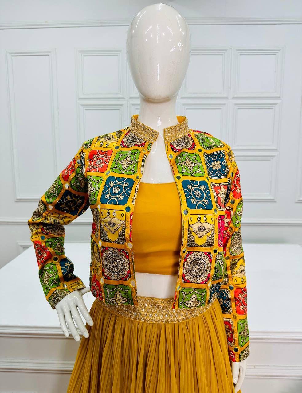 Beautiful Designer 3 Pc Indo Western Georgette Outfit Lehenga With Koti &amp; Blouse