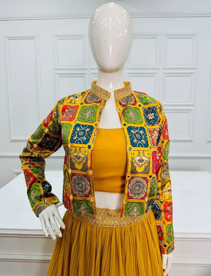 Beautiful Designer 3 Pc Indo Western Georgette Outfit Lehenga With Koti &amp; Blouse