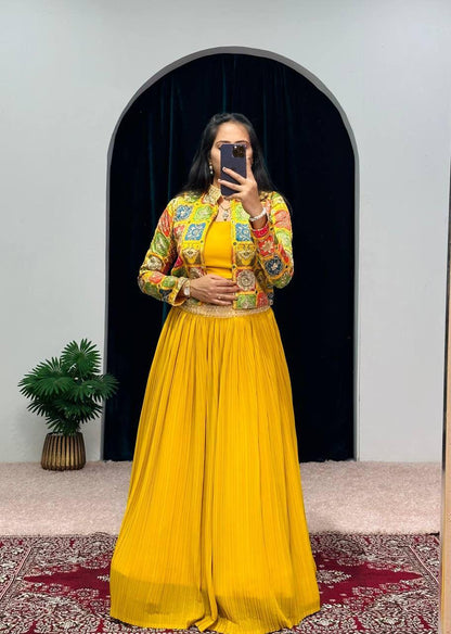 Beautiful Designer 3 Pc Indo Western Georgette Outfit Lehenga With Koti &amp; Blouse