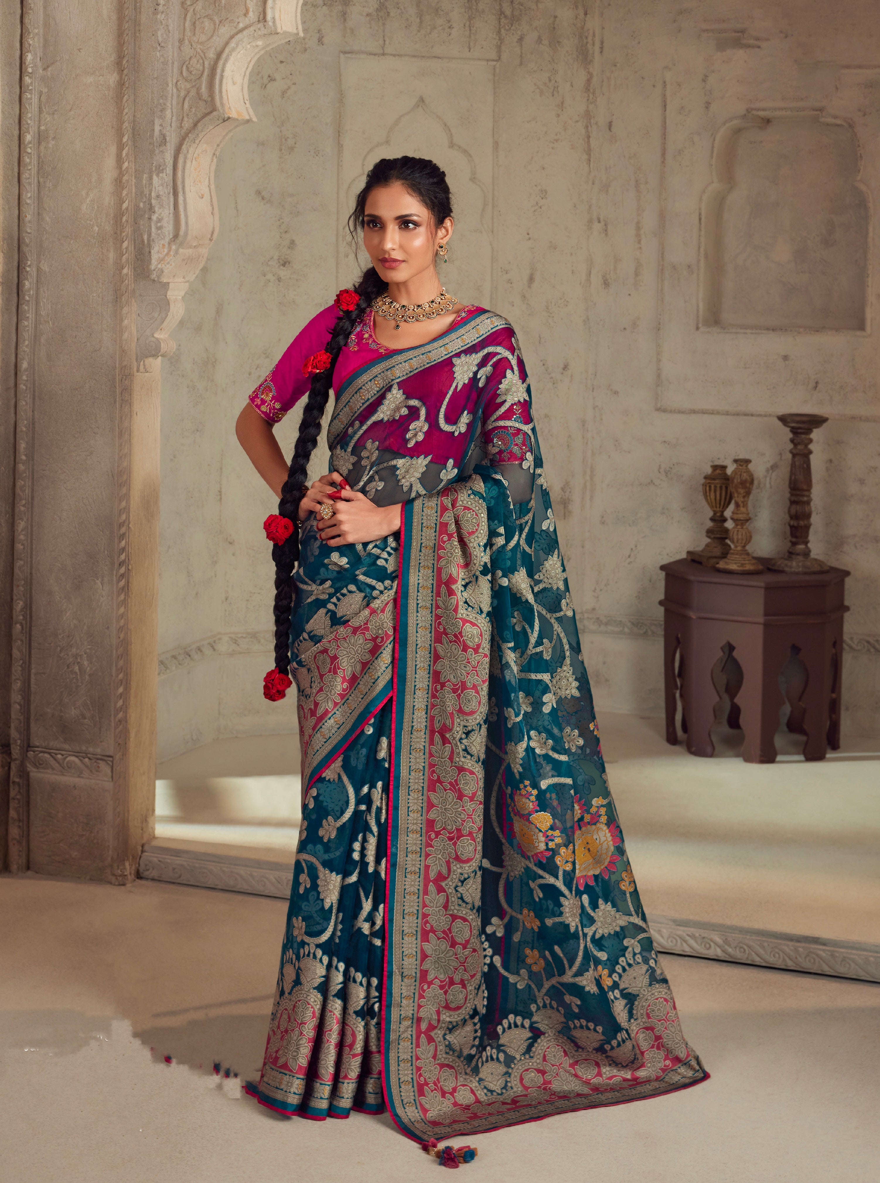 Beautiful Designer Wedding Wear Latest Soft Brasso Organza Saree