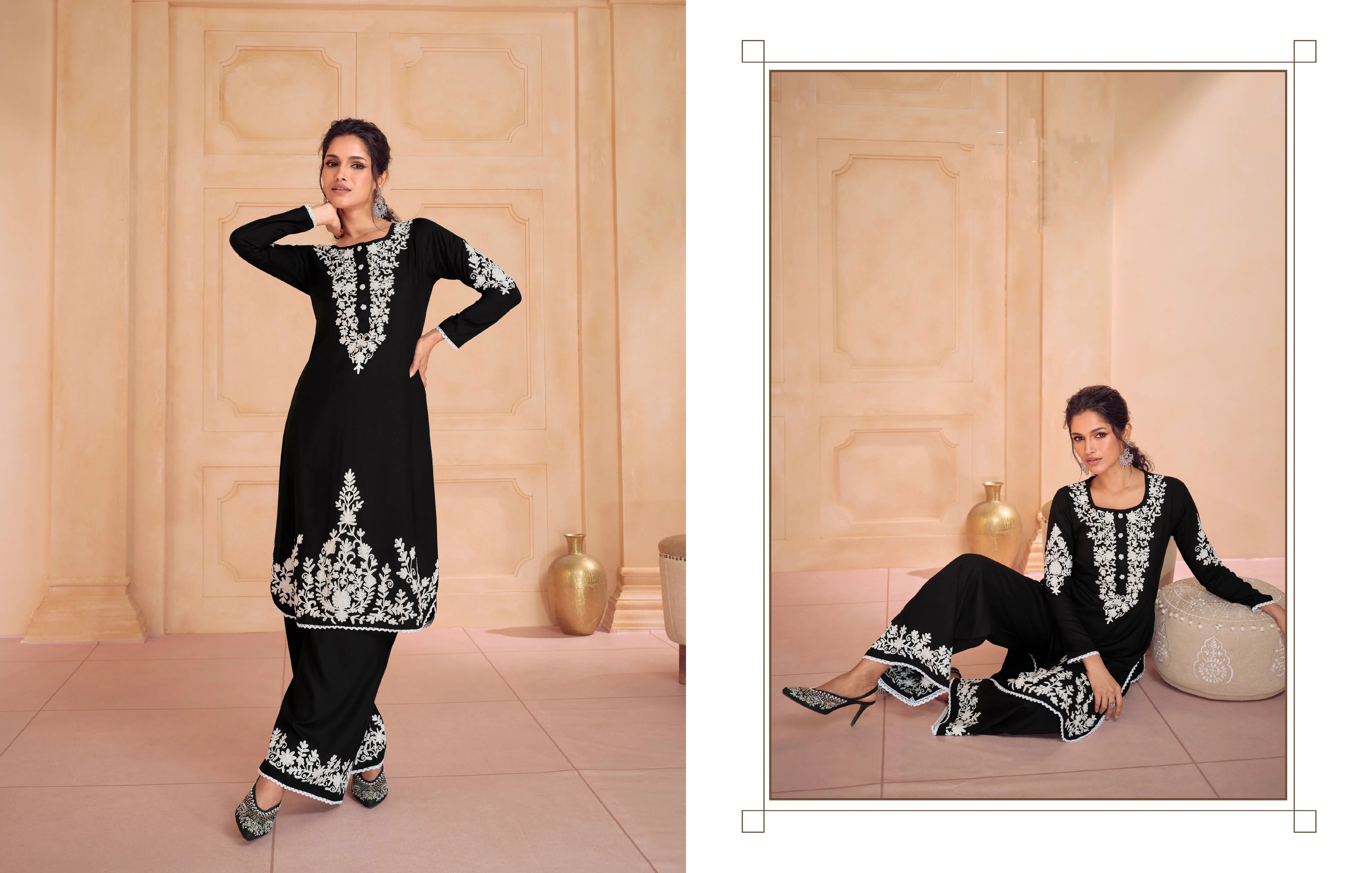 Black &amp; White Chikankari Kurti with Heavy Embroidered Dupatta, ideal for formal events and weddings