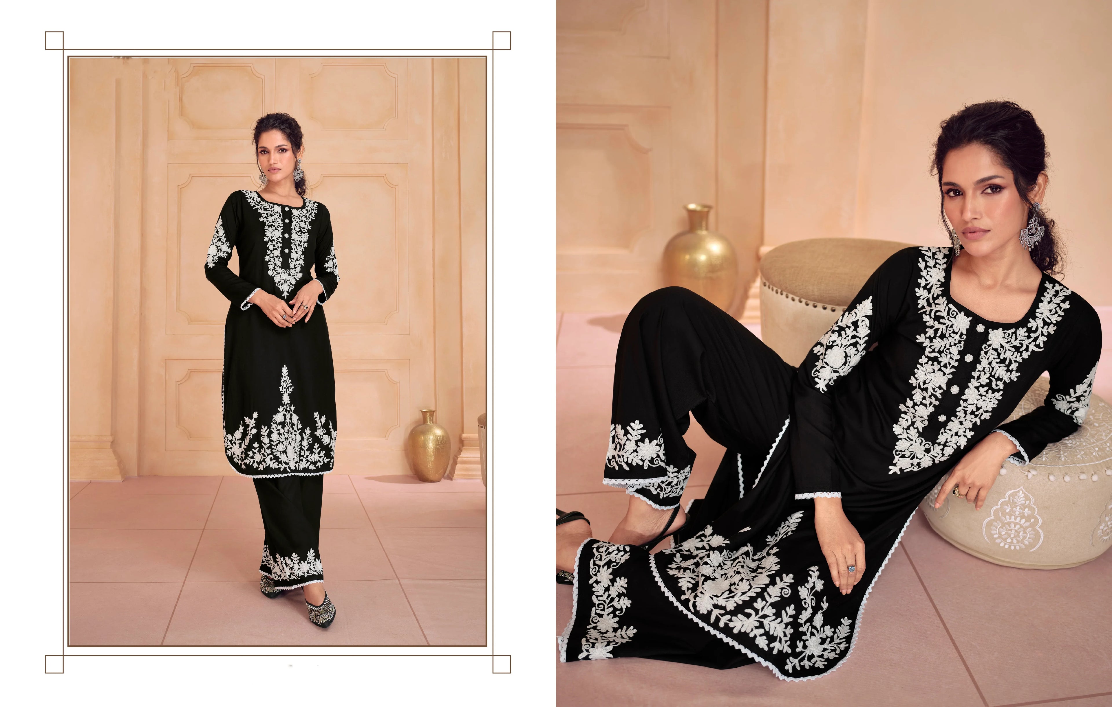 Black &amp; White Chikankari Kurti with Heavy Embroidered Dupatta, ideal for formal events and weddings