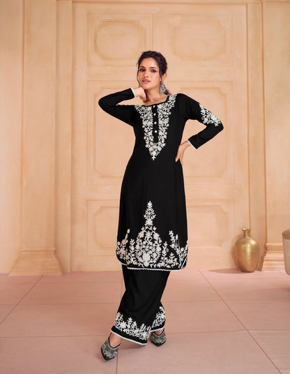 Black &amp; White Chikankari Kurti with Heavy Embroidered Dupatta, ideal for formal events and weddings
