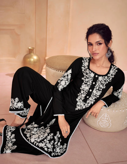 Black &amp; White Chikankari Kurti with Heavy Embroidered Dupatta, ideal for formal events and weddings