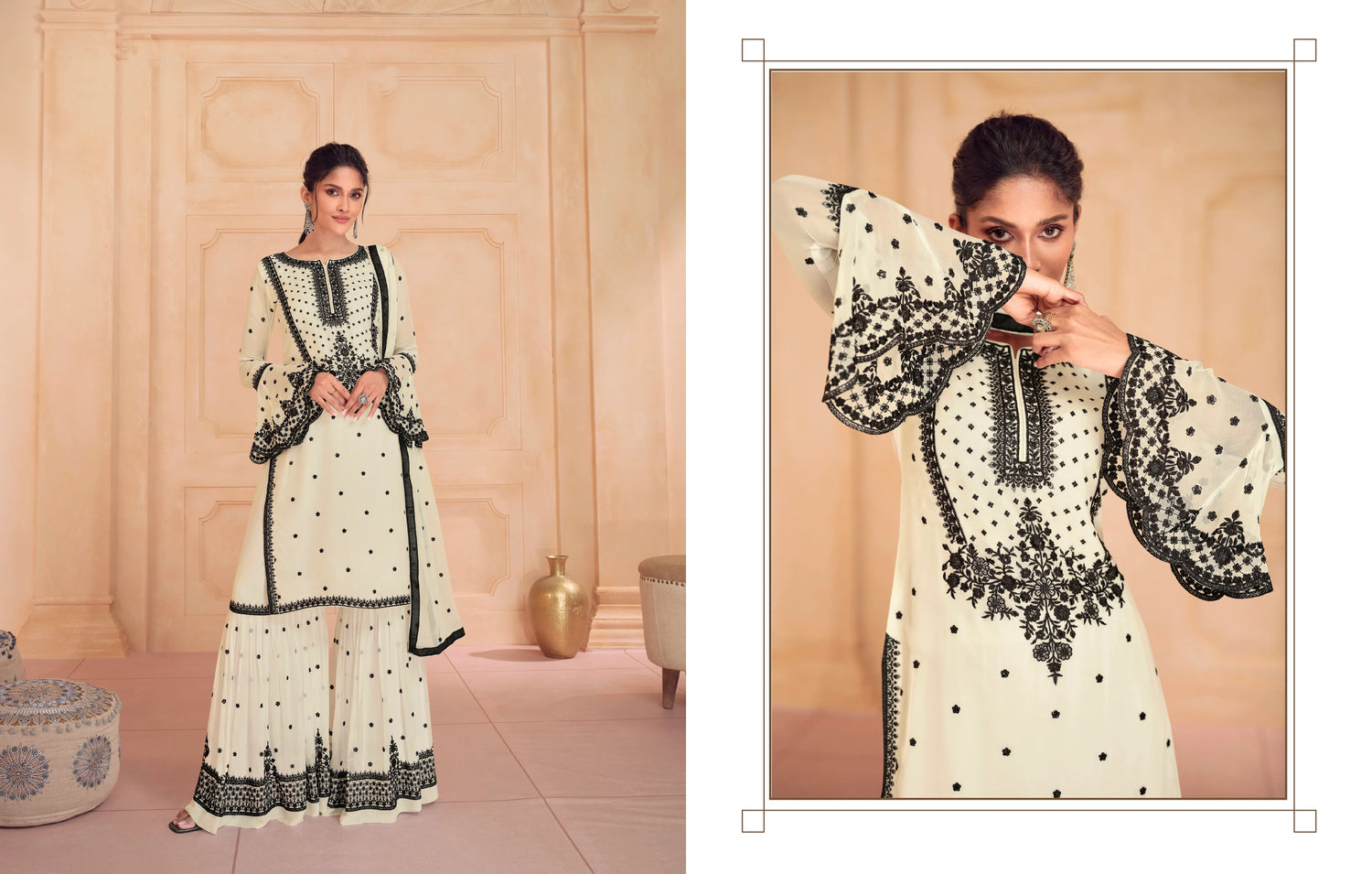White &amp; Black Sharara Suit with Heavy Embroidered Dupatta, perfect for weddings