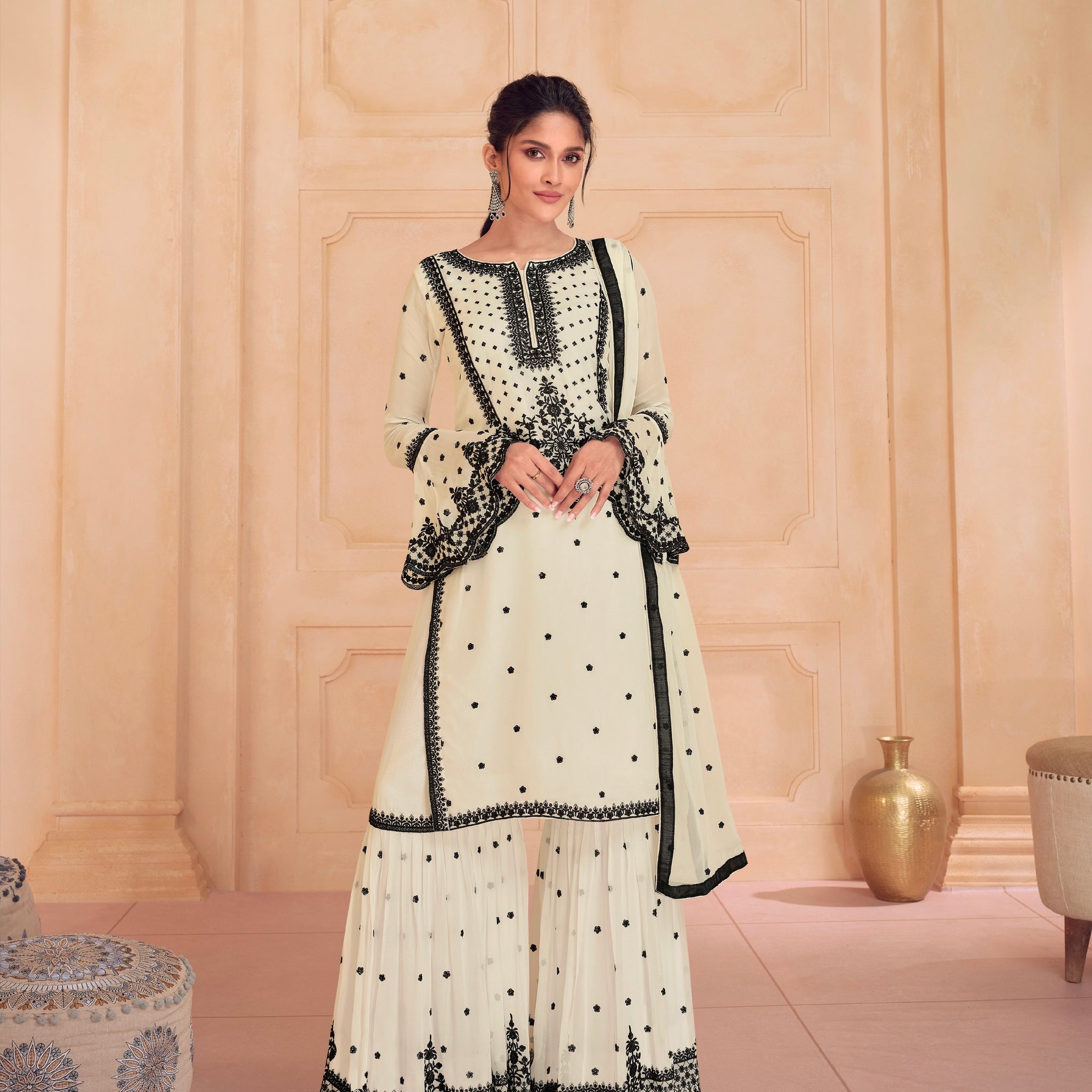 White & Black Sharara Suit with Heavy Embroidered Dupatta, perfect for weddings