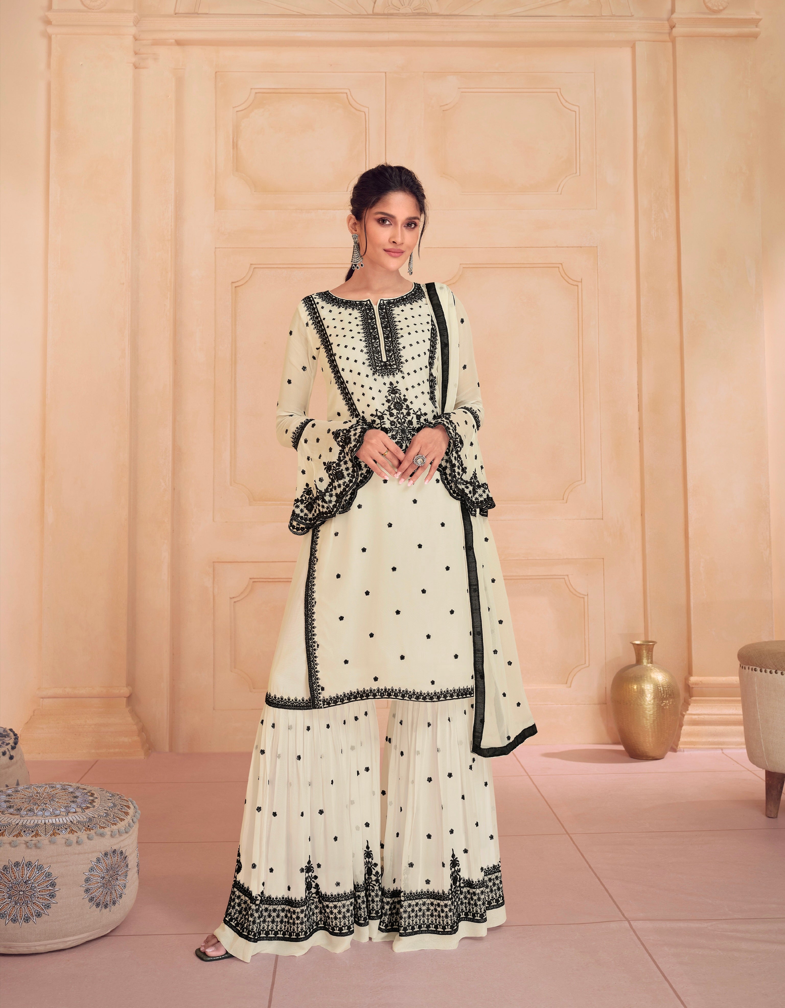 White & Black Sharara Suit with Heavy Embroidered Dupatta, perfect for weddings