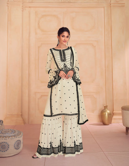 White &amp; Black Sharara Suit with Heavy Embroidered Dupatta, perfect for weddings