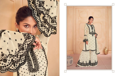 White &amp; Black Sharara Suit with Heavy Embroidered Dupatta, perfect for weddings