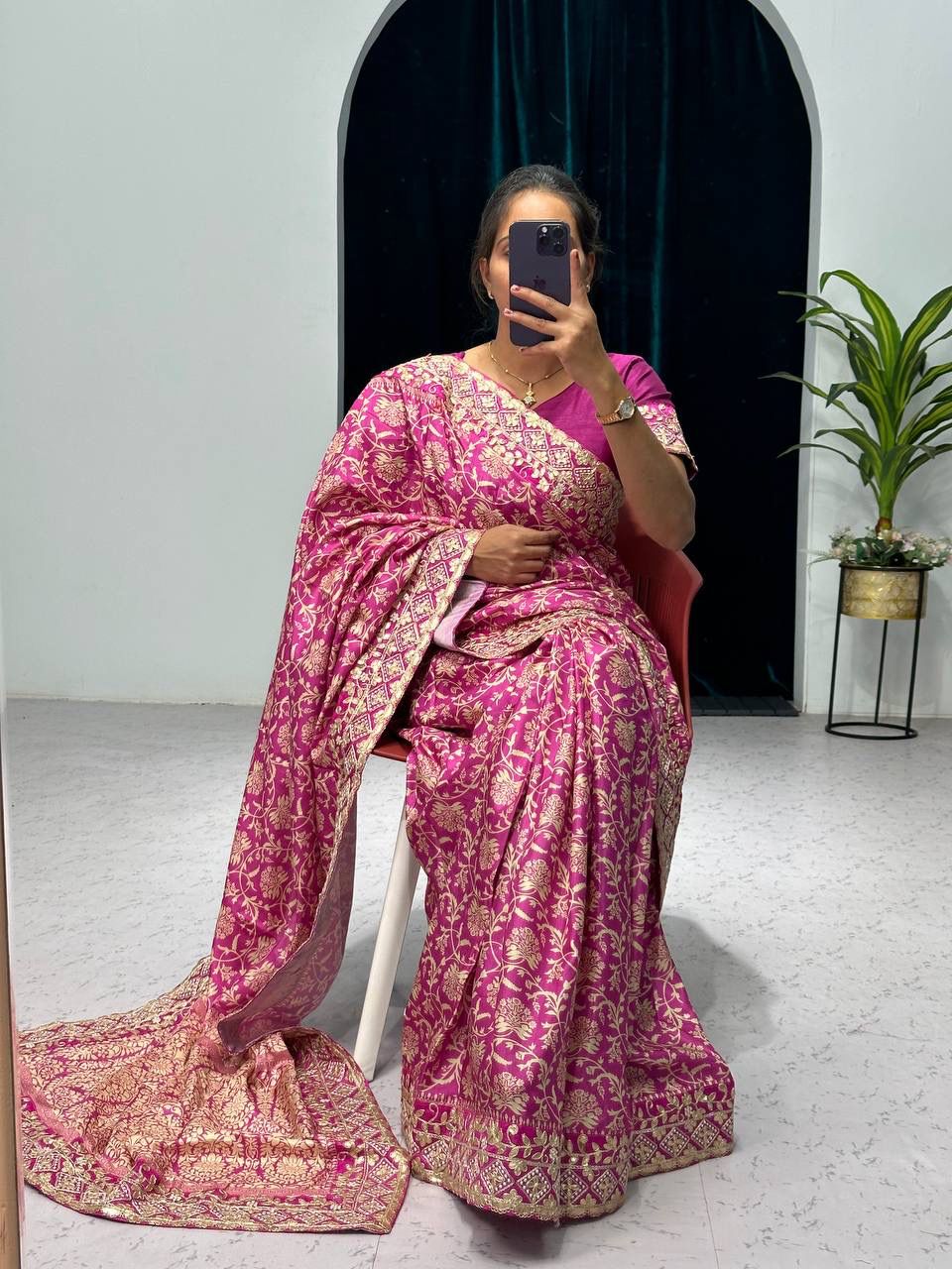 Beautiful Designer Heavy Vichitra Silk Bandhani Print Sequence Saree