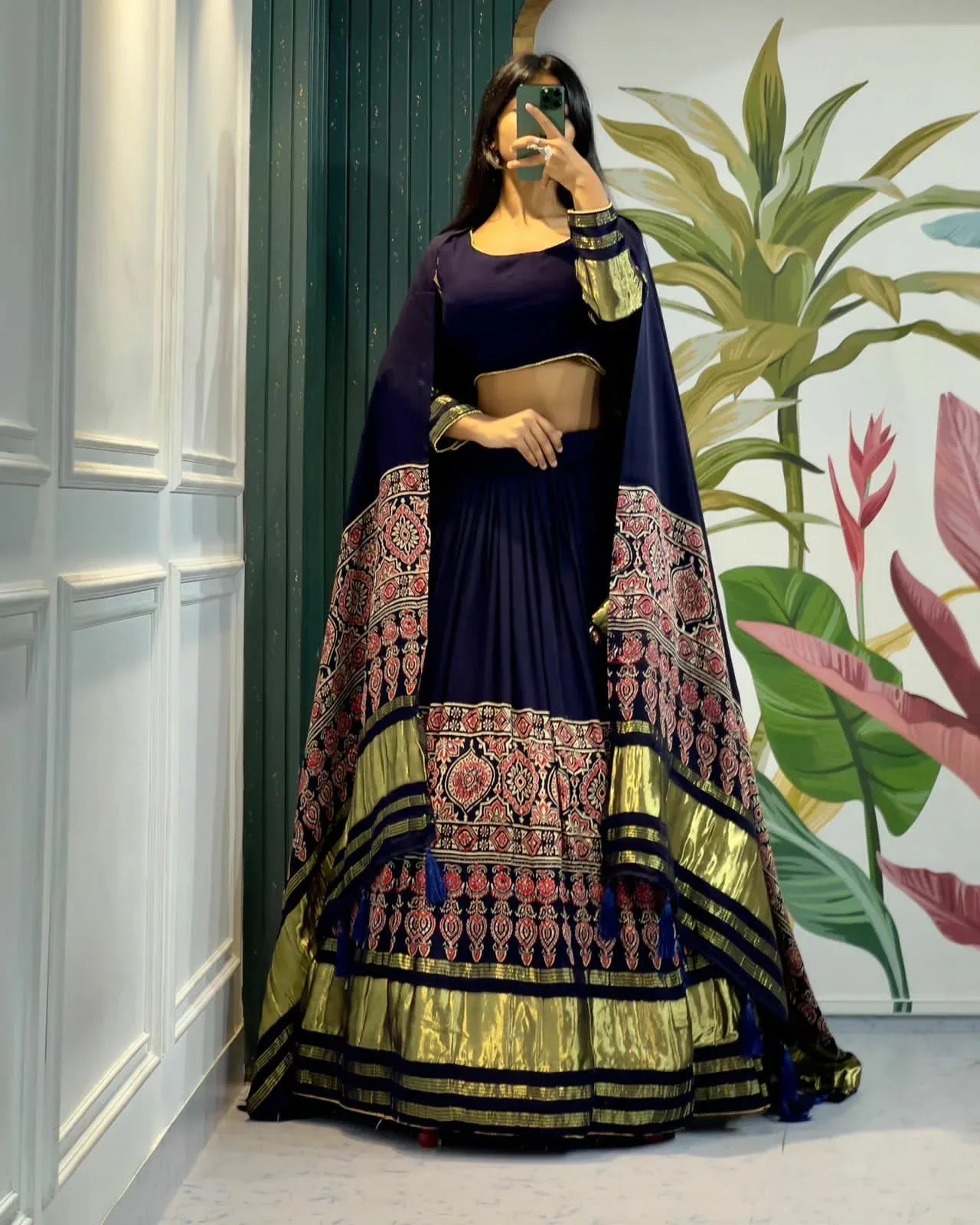 Beautiful Designer Pure Modal Gajji Silk Ajrakh Handblock Print Chaniya Choli