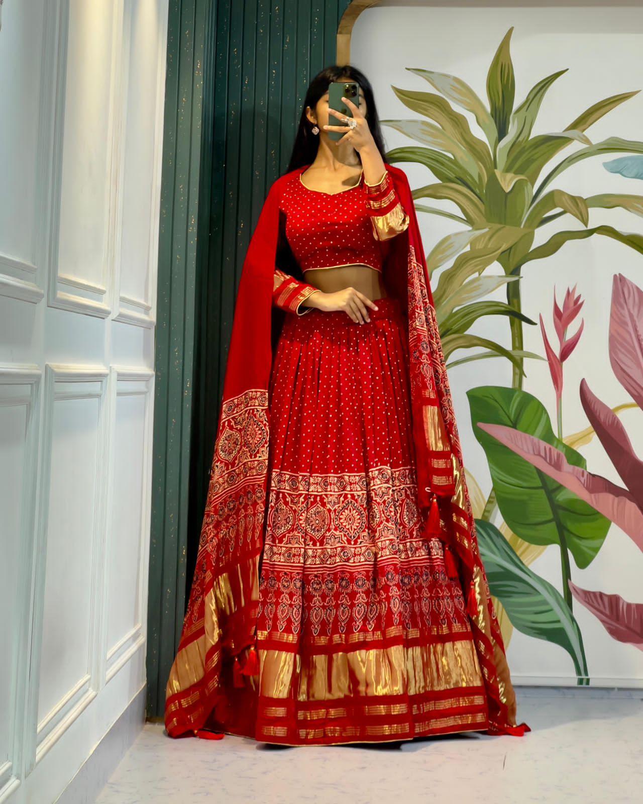 Beautiful Designer Pure Modal Gajji Silk Ajrakh Handblock Print Chaniya Choli
