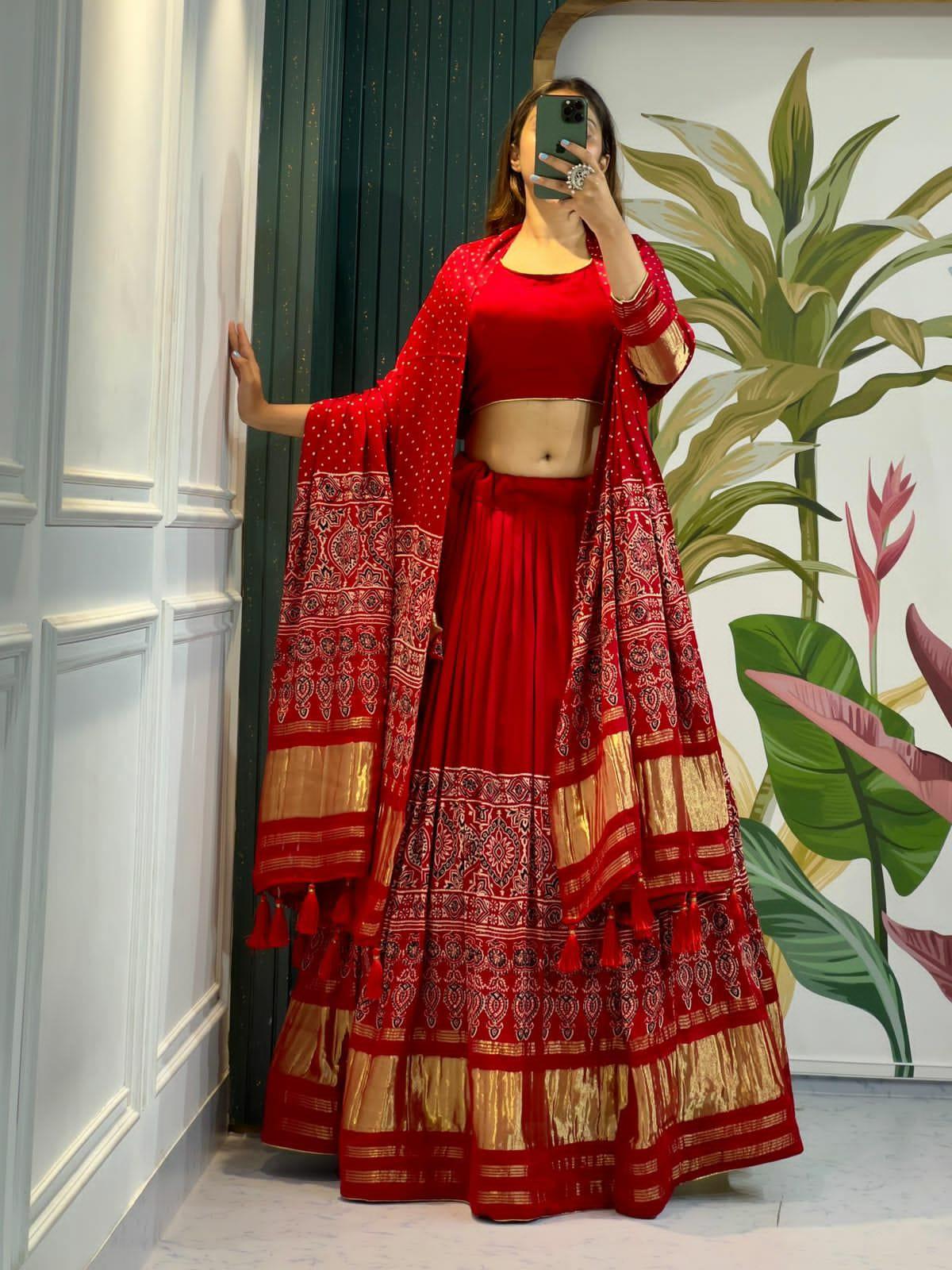 Beautiful Designer Pure Modal Gajji Silk Ajrakh Handblock Print Chaniya Choli