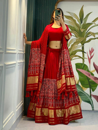 Beautiful Designer Pure Modal Gajji Silk Ajrakh Handblock Print Chaniya Choli