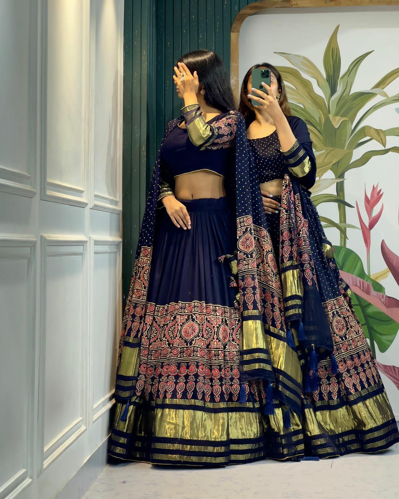 Beautiful Designer Pure Modal Gajji Silk Ajrakh Handblock Print Chaniya Choli