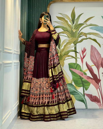 Beautiful Designer Pure Modal Gajji Silk Ajrakh Handblock Print Chaniya Choli