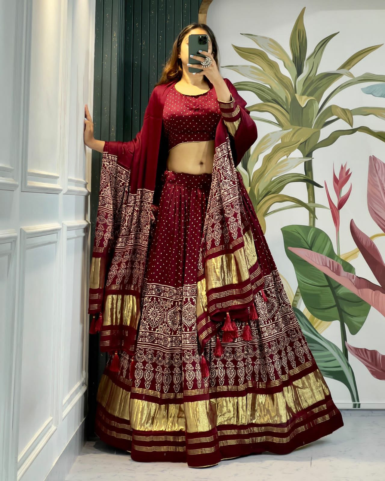 Beautiful Designer Pure Modal Gajji Silk Ajrakh Handblock Print Chaniya Choli