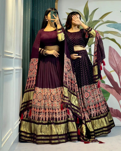 Beautiful Designer Pure Modal Gajji Silk Ajrakh Handblock Print Chaniya Choli