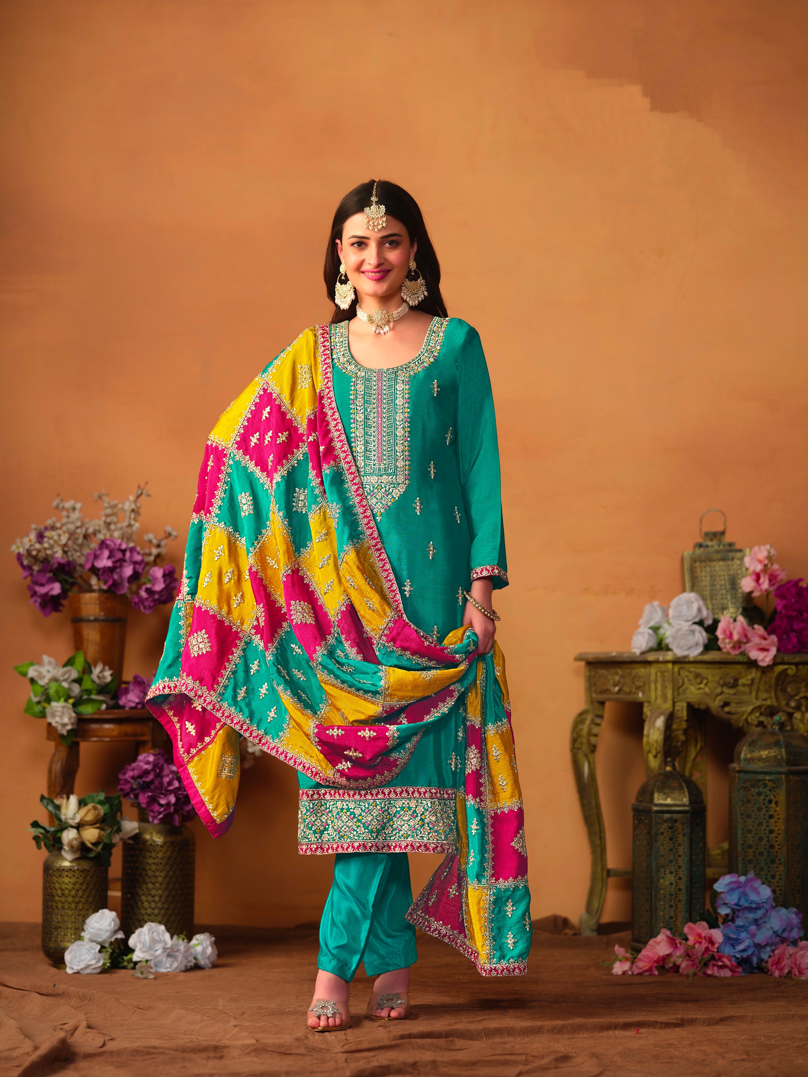 Beautiful Designer Occasion Wear Chinnon Silk Salwar Suit