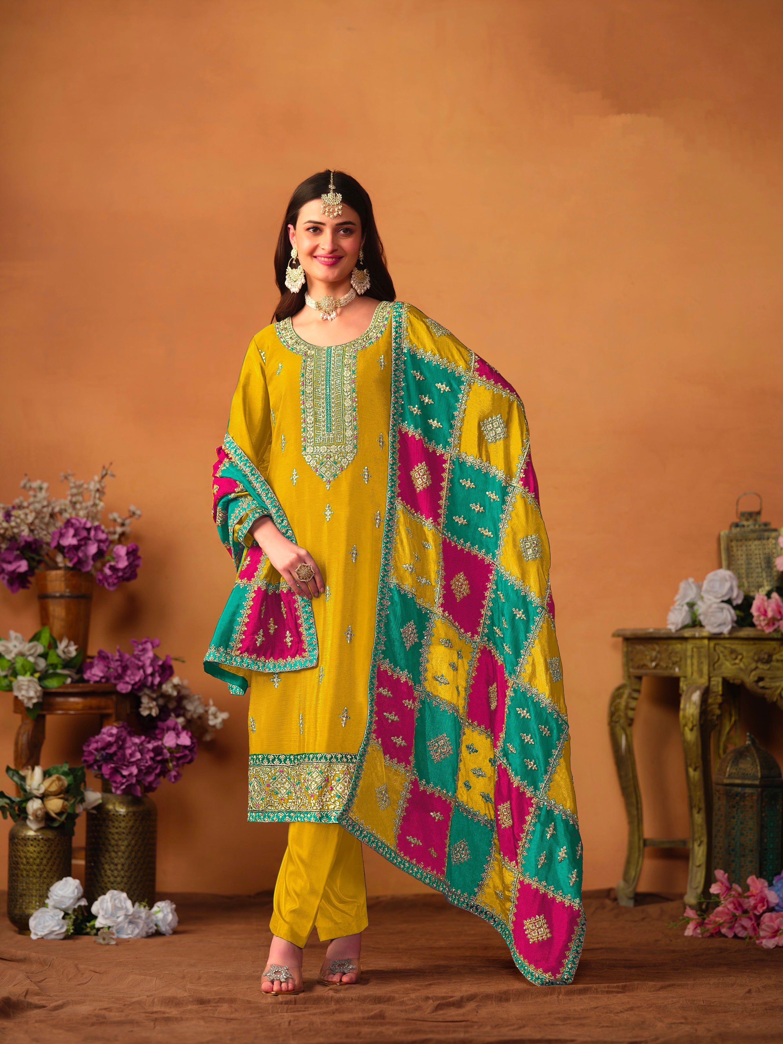 Beautiful Designer Occasion Wear Chinnon Silk Salwar Suit