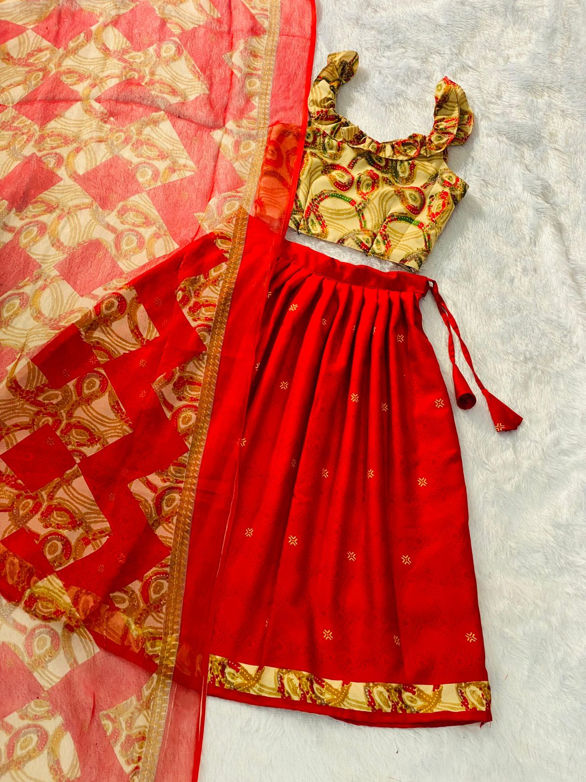 Beautiful Designer Soft Crap Silk Kid's Top with Lehenga Dress